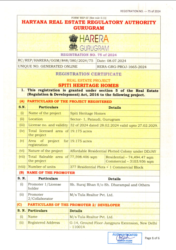 Rera For Spiti Heritage Homes